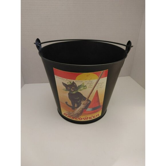 Halloween Metal 8x9 Inch Bucket With Black Cat And Witch Broom And What - Picture 1 of 9
